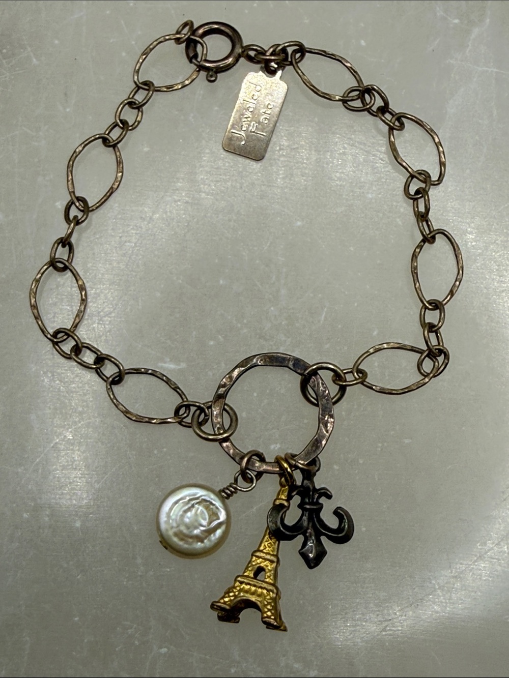 Charm Link Necklace with Gold tone Eiffel Tower and Pearl Charm by Jewelry fate